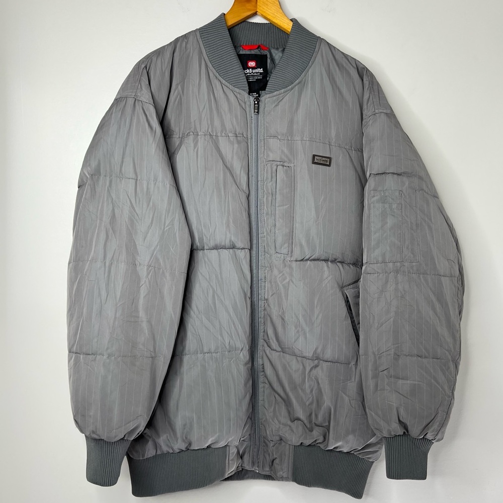 Ecko Unltd Gray Heavy Puffer Down Jacket Zip Up Y2K Streetwear Mens Medium